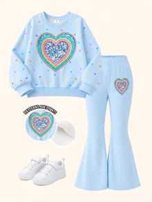 SHEIN Elladie kids Young Girls 2 Pieces Set, Fashionable Baby Cute Gradient Orange Heart Print Long Sleeve Fleece Sweatshirt Top Matching Pants, Soft Outfit Autumn/Winter - Multicolor - View 6
