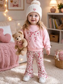 1 Set Pakaian Musim Gugur Bayi Perempuan, Kaos Lengan Panjang Motif Pita Lucu & Celana Flare Motif Bunga, Pakaian Kasual Musim Gugur/Musim Dingin - MultiWarna - View 7