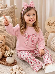 1 Set Pakaian Musim Gugur Bayi Perempuan, Kaos Lengan Panjang Motif Pita Lucu & Celana Flare Motif Bunga, Pakaian Kasual Musim Gugur/Musim Dingin - MultiWarna - View 3