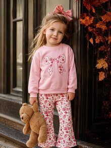 1 Set Pakaian Musim Gugur Bayi Perempuan, Kaos Lengan Panjang Motif Pita Lucu & Celana Flare Motif Bunga, Pakaian Kasual Musim Gugur/Musim Dingin - MultiWarna - View 2