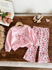1 Set Pakaian Musim Gugur Bayi Perempuan, Kaos Lengan Panjang Motif Pita Lucu & Celana Flare Motif Bunga, Pakaian Kasual Musim Gugur/Musim Dingin - MultiWarna - View 6
