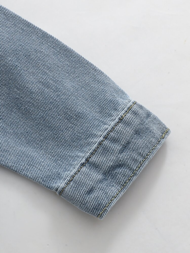Girls' Light Blue Washed Denim Jacket, Butterfly Floral Letter Embroidery, Lapel Button Front Cardigan, Long Sleeve Loose Fit Sweet Casual Jacket, Suitable For Back To School, Daily Play, Family Outings, Spring And Autumn Wear - Blue - View 7