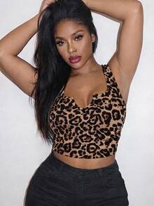 Slaydiva Versatile Leopard Print Ribbed Fabric Comfortable Plus Size Tank Top, Casual Minimalist Suitable For Summer - Brown - View 1