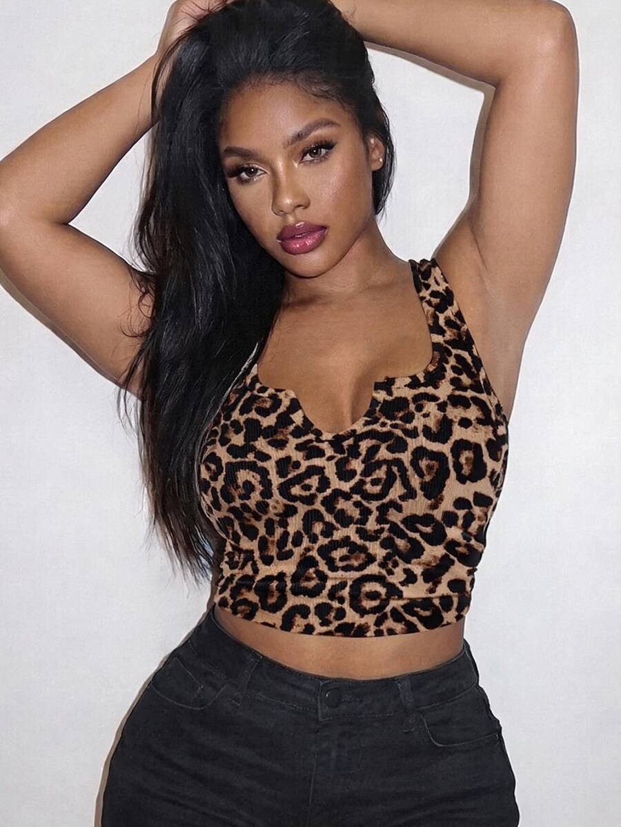 Slaydiva Versatile Leopard Print Ribbed Fabric Comfortable Plus Size Tank Top, Casual Minimalist Suitable For Summer - Brown - View 1