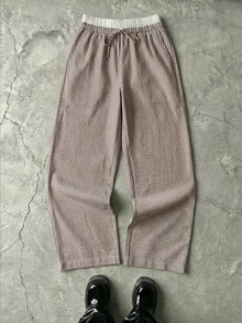 GETOML 男士灰褐色細條紋抽繩長褲，鬆緊腰寬鬆直筒夏季長褲，足球 - 咖啡棕 - 查看 8