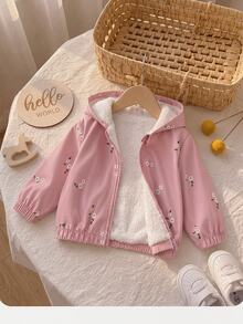 SHEIN 女嬰可愛休閒粉色花卉圖案連帽秋冬抓絨內裡外套 - 粉色 - 查看 1