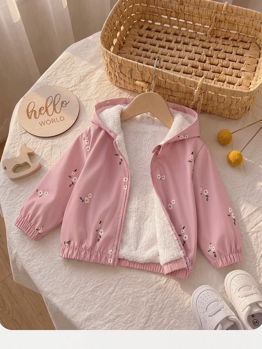 SHEIN 女嬰可愛休閒粉色花卉圖案連帽秋冬抓絨內裡外套 - 粉色 - 查看 1