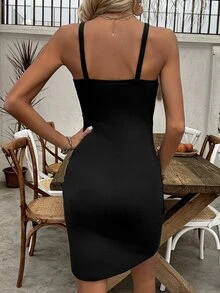 Elafinee Side Ruched Wrap Cami Dress Vacation Beach Outfits Women - Black - View 2