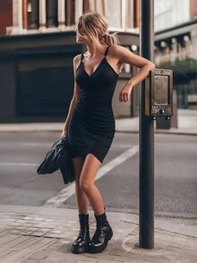 Elafinee Side Ruched Wrap Cami Dress Vacation Beach Outfits Women - Black - View 1
