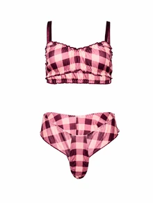 AiiRZ Gingham Check Satin Bralette And Thong Set With Ruched Detail And Contrast Zig-Zag Trim Lingerie Set - Multicolor - View 1