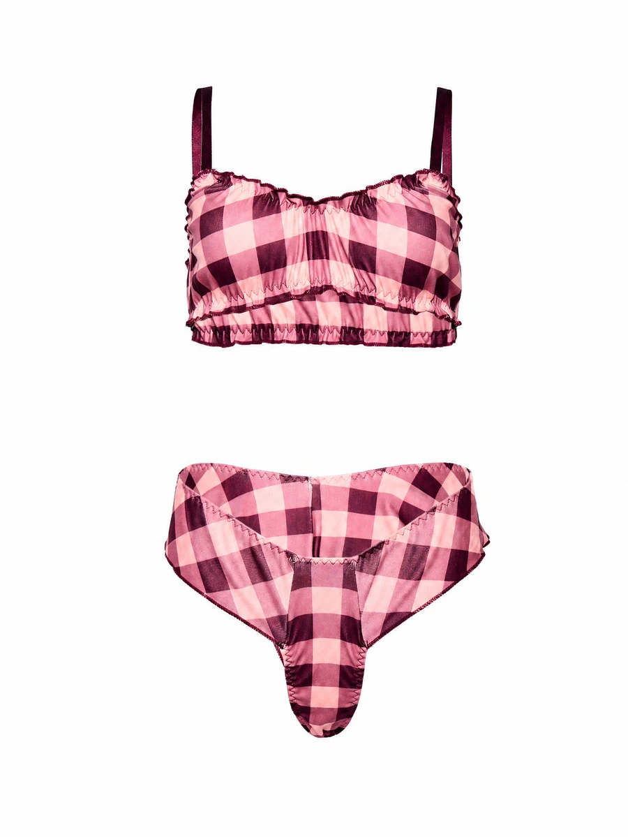 AiiRZ Gingham Check Satin Bralette And Thong Set With Ruched Detail And Contrast Zig-Zag Trim Lingerie Set - Multicolor - View 1