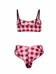 AiiRZ Gingham Check Satin Bralette And Thong Set With Ruched Detail And Contrast Zig-Zag Trim Lingerie Set - Multicolor - View 2