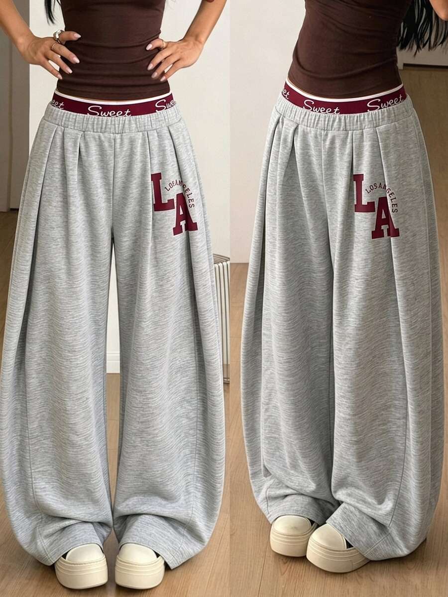 SHEIN 青少年女孩字母圖案休閒日常穿著運動長褲 - 淺灰色 - 查看 1
