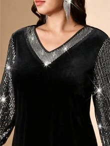 Comfylo Plus Size Elegant Versatile Sequin Patchwork V-Neck Dress - Black - View 8