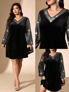 Comfylo Plus Size Elegant Versatile Sequin Patchwork V-Neck Dress - Black - View 2