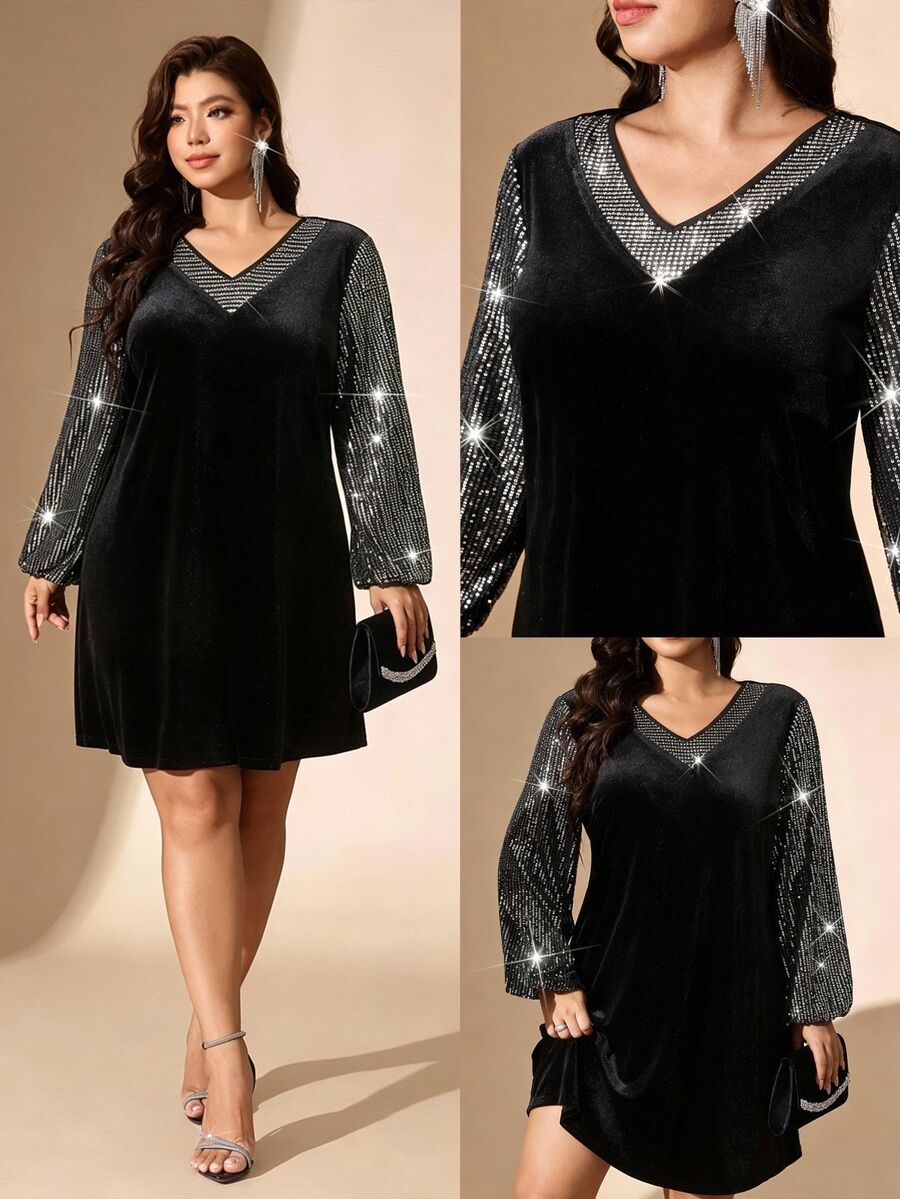 Comfylo Plus Size Elegant Versatile Sequin Patchwork V-Neck Dress