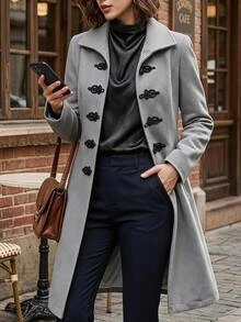 SHEIN Clasi Plus Size Women's Lapel Collar Solid Color Overcoat - Grey - View 1