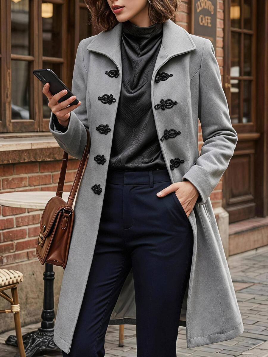 SHEIN Clasi Plus Size Women's Lapel Collar Solid Color Overcoat - Grey - View 1