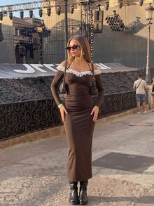 SHEIN ICON Pure Desire Sexy Off Shoulder Lace Patchwork Slit Fitted Long Dress Date Night Night Out Dark Brown Fall - Dark Brown - View 1