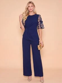 Amorya Women's Elegant Navy Blue 2 Pieces Set,Floral Embroidery Mesh Patchwork Flare Sleeve Top And Pants Suit For Autumn Dining,Formal Party Outfits - Navy Blue - View 6