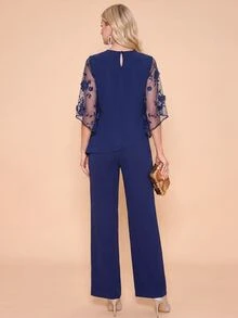 Amorya Women's Elegant Navy Blue 2 Pieces Set,Floral Embroidery Mesh Patchwork Flare Sleeve Top And Pants Suit For Autumn Dining,Formal Party Outfits - Navy Blue - View 3