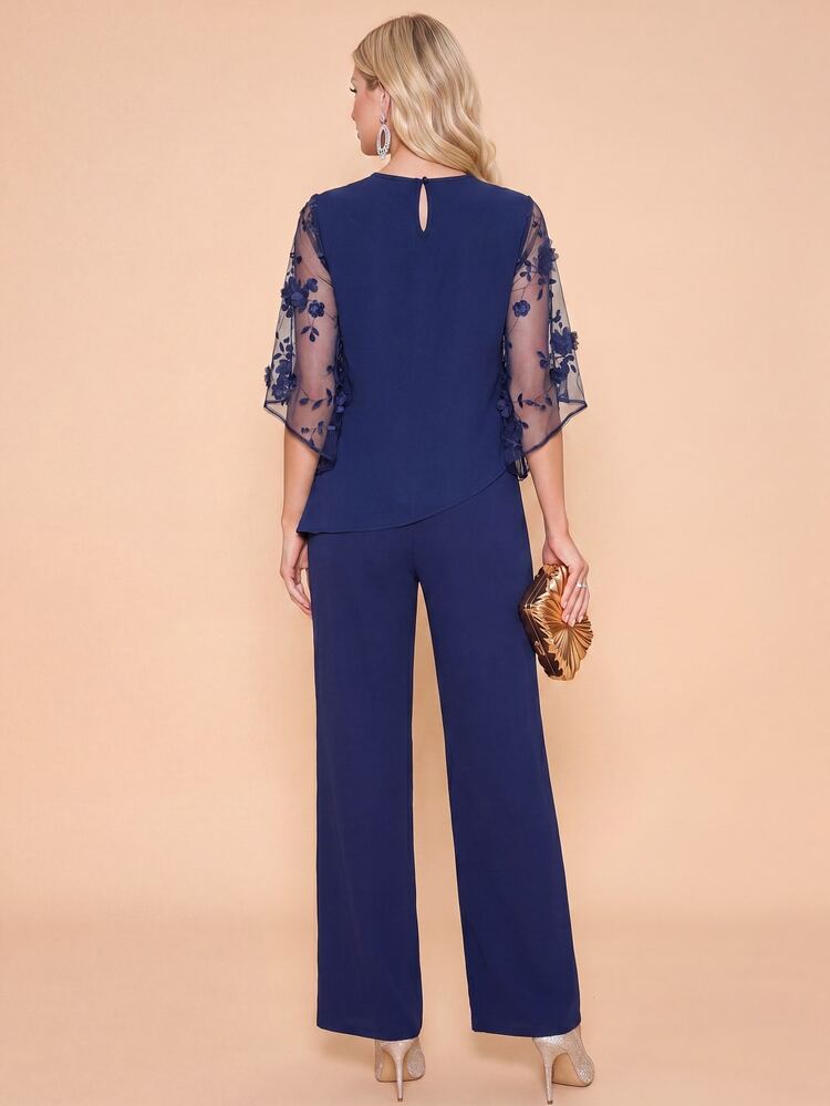 Amorya Women's Elegant Navy Blue 2 Pieces Set,Floral Embroidery Mesh Patchwork Flare Sleeve Top And Pants Suit For Autumn Dining,Formal Party Outfits - Navy Blue - View 2
