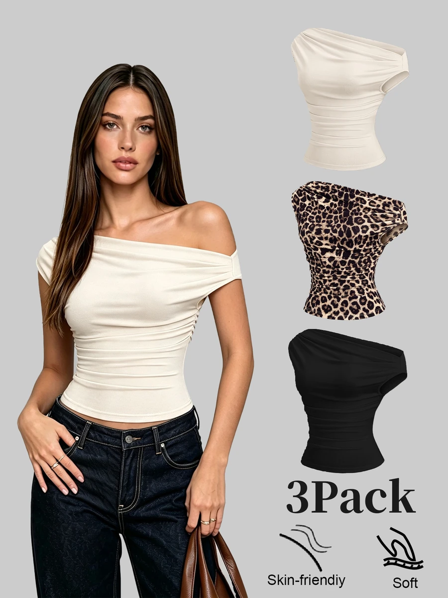 Sweetra Women's Spring Asymmetric Ruffle Asymmetric Neck Elegant Lightweight Comfortable Versatile Casual Blouse Set - Multicolor - View 1