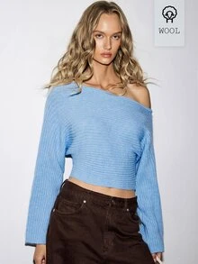 ATUI Studio Autumn Casual Business Basic Y2k Halloween Light Blue Open Shoulder Wool Knit Top With A Fitted Waist Brunch Going Out - Aqua Blue - View 3