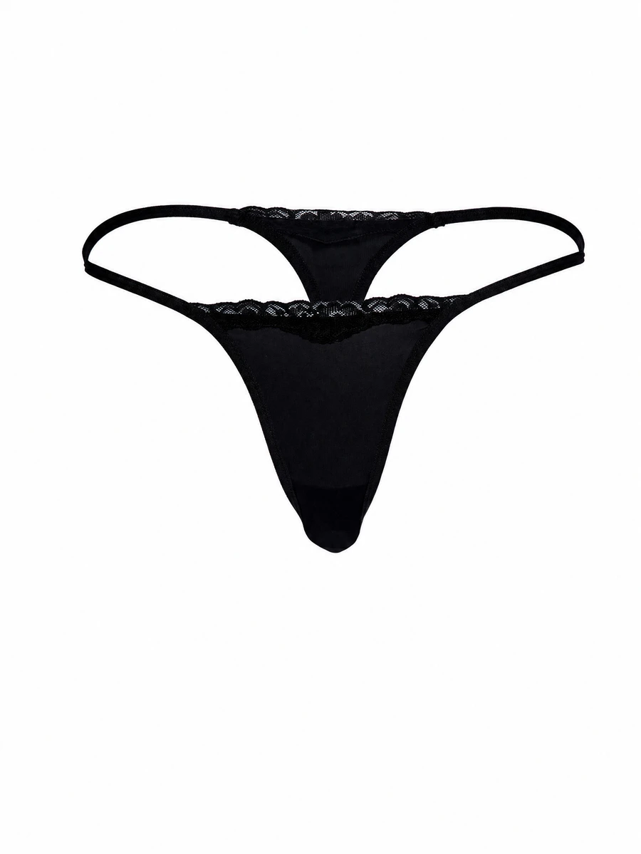 AiiRZ Lace Trim G-String Thong 2-Pack Barely-There Micro Triangle Front Minimal Coverage Scallop Edge Valentine Lingerie - Black - View 1