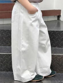 Dazy Kids 小男孩純色寬腿鬆身長褲，休閒百搭 - 白色 - 查看 6