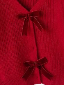 SHEIN Red Retro Fairy Bow Cardigan For Girls, Autumn Back-To-School Fashionable Cute Knit Sweater, Young Girls Button Front Christmas Clothes Shrug Jacket - Red - View 6