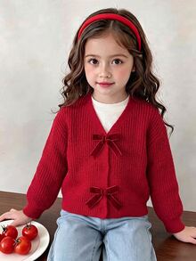 SHEIN Red Retro Fairy Bow Cardigan For Girls, Autumn Back-To-School Fashionable Cute Knit Sweater, Young Girls Button Front Christmas Clothes Shrug Jacket - Red - View 4