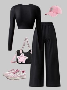 SHEIN 2Pcs/Set Tween Girls Casual Letter Patch Fitted Short Sleeve T-Shirt & Straight Leg Sweatpants Set - Black - View 7