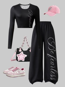 SHEIN 2Pcs/Set Tween Girls Casual Letter Patch Fitted Short Sleeve T-Shirt & Straight Leg Sweatpants Set - Black - View 2
