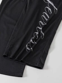 SHEIN 2Pcs/Set Tween Girls Casual Letter Patch Fitted Short Sleeve T-Shirt & Straight Leg Sweatpants Set - Black - View 6