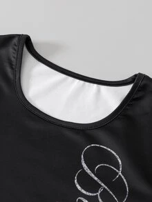 SHEIN 2Pcs/Set Tween Girls Casual Letter Patch Fitted Short Sleeve T-Shirt & Straight Leg Sweatpants Set - Black - View 3