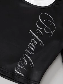 SHEIN 2Pcs/Set Tween Girls Casual Letter Patch Fitted Short Sleeve T-Shirt & Straight Leg Sweatpants Set - Black - View 4