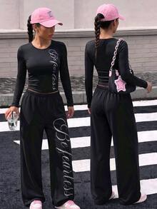 SHEIN 2Pcs/Set Tween Girls Casual Letter Patch Fitted Short Sleeve T-Shirt & Straight Leg Sweatpants Set - Black - View 1