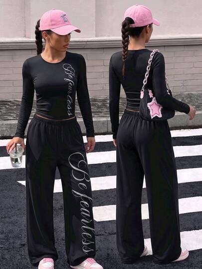 SHEIN 2Pcs/Set Tween Girls Casual Letter Patch Fitted Short Sleeve T-Shirt & Straight Leg Sweatpants Set