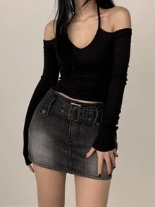 DAZY 女款素色露肩長袖百褶T恤 夏季秋季女裝短版上衣 - 黑色 - 查看 3