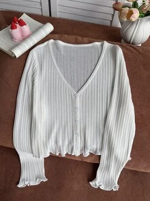 SHEIN Tween Girl Solid Color Long Sleeve Single-Breasted Casual Knit Cardigan Autumn Fall - White - View 5
