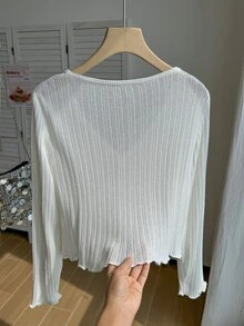 SHEIN Tween Girl Solid Color Long Sleeve Single-Breasted Casual Knit Cardigan Autumn Fall - White - View 2