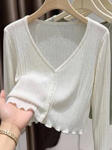 SHEIN Tween Girl Solid Color Long Sleeve Single-Breasted Casual Knit Cardigan Autumn Fall - White - View 7