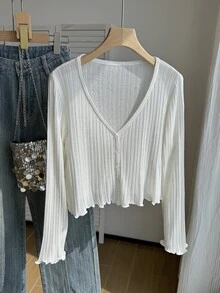 SHEIN Tween Girl Solid Color Long Sleeve Single-Breasted Casual Knit Cardigan Autumn Fall - White - View 3
