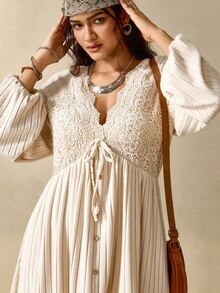 Nubod Plus Size Women V-Neck Pleated Casual Daily Summer Dress Fall - Apricot - View 3