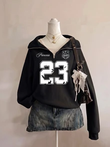 SHEIN Sparklyn 少女數位印花長袖拉鍊半開襟休閒寬鬆衛衣 - 黑色 - 查看 6