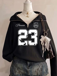 SHEIN Sparklyn 少女數位印花長袖拉鍊半開襟休閒寬鬆衛衣 - 黑色 - 查看 1