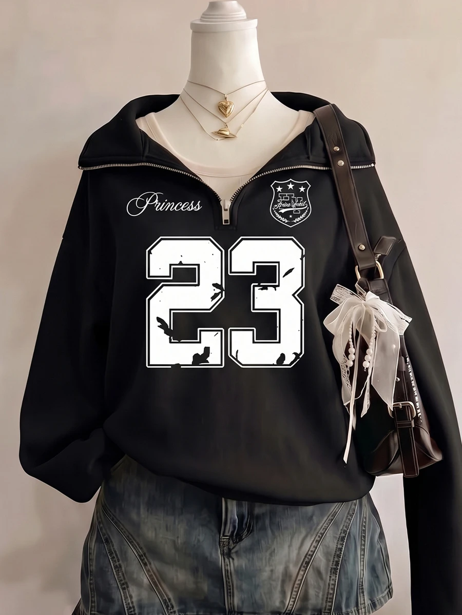 SHEIN Sparklyn 少女數位印花長袖拉鍊半開襟休閒寬鬆衛衣 - 黑色 - 查看 1