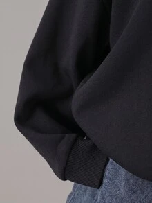 SHEIN Sparklyn 少女數位印花長袖拉鍊半開襟休閒寬鬆衛衣 - 黑色 - 查看 3