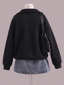 SHEIN Sparklyn 少女數位印花長袖拉鍊半開襟休閒寬鬆衛衣 - 黑色 - 查看 2